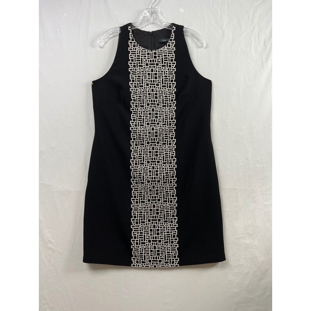 Carmen Marc Valvo Shift Dress Women 6 Black Metallic Geometric Sleeveless LBD